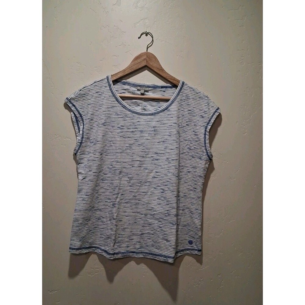 T‎ by Talbots Wmn's L Petite Striped Knit Top Sleeveless Keyhole Back Blue White